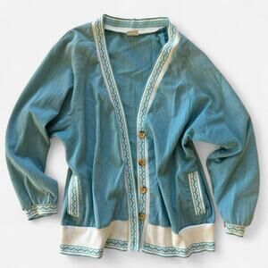 Vintage Pykettes Blue & White Button-Up Cardigan with Pockets
